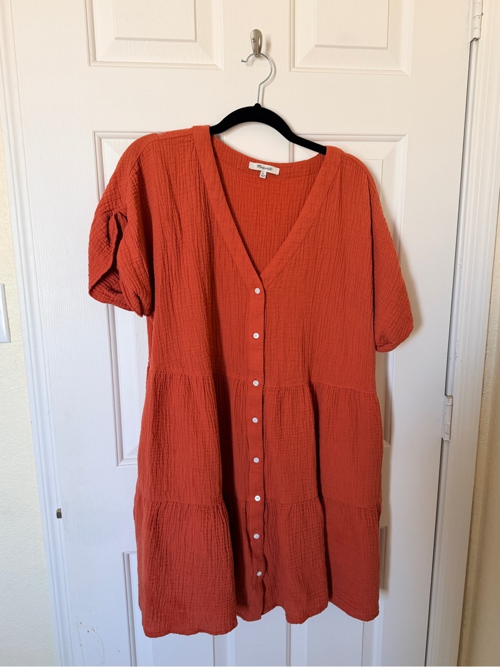 Madewell Tiered Button-Front Midi Dress in Rust Orange